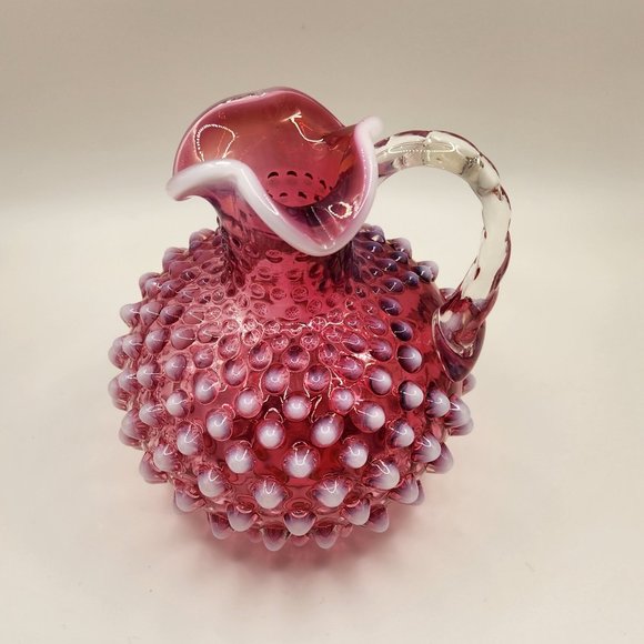 Vintage Fenton Art Glass Cranberry and White Opalescent Hobnail Cruet No Stopper - Picture 2 of 4